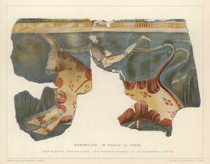 Wandmalerei aus dem mykenischen Palast in Tiryns, Griechenland, ausgegraben vom deutschen Archäologen Heinrich Schliemann (Farblithografie) von German School