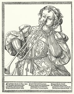 Frau, die eine Posaune oder Sackbut spielt von German School