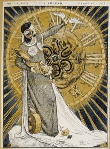Frau mit Augenbinde, die ein Füllhorn hält und die Zeiger einer Uhr vorschiebt (Allegorie des Glücks) - in „Jugend“ vom 08.01.1900