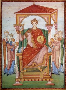 Otto III. empfängt den Tribut der Nationen. Miniatur aus dem Manuskript "Evangelium von Otto III." von German School