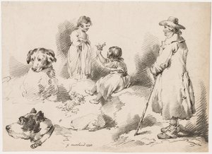 Studien von Kindern, zwei kleine Mädchen, zwei Hunde, ein Mann, 1793 von Gerrard Street J. Harris Soho