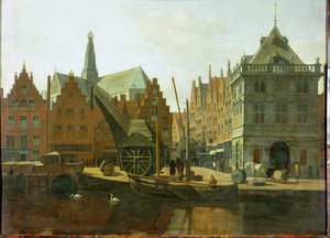 Haarlemer Hafen mit öffentlicher Waage und dem Turm von Sankt Bavo im Hintergrund von Gerrit Adriaensz Berckheyde