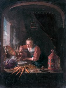 Junge Frau, die Wasser aus einem Krug gießt von Gerrit Dou