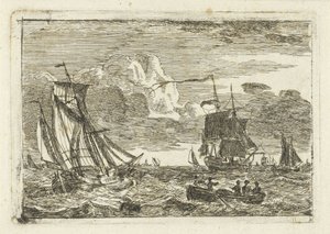 Verschiedene Segelschiffe und ein Beiboot auf See