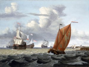 Navigation vor einem niederländischen Hafen, mit dem Turm einer Kirche und einigen Gebäuden, wahrscheinlich Enkhuizen (Holland) am Zuiderzee (oder Zuyderzee oder Südsee) und Beschreibung einer Vielzahl von Schiffen: Heringsfischerboot und Schiffe der Niede