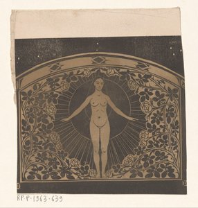Entwurf für den Rahmen eines Kalenders für 1901 mit einer Frau und Blumen von Gerrit Willem Dijsselhof