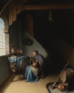 Eine ältere Frau an ihrem Spinnrad, die Brei isst von Gerard Dou von Gerrit Dou