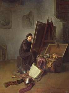 Porträt des Künstlers an seiner Staffelei in seinem Atelier