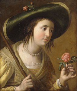 Porträt von Prinzessin Elizabeth II. van de Palts als Schäferin, Brustbild, eine Rose haltend von Gerrit van Honthorst