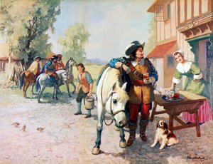 Vier Kavaliere auf dem Weg nach London finden einen Hund, der der erste King Charles Spaniel wurde