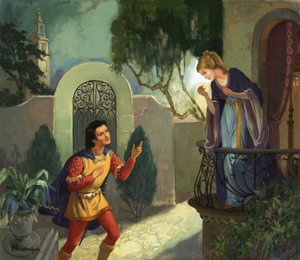 Unidentifizierte Balkonszene, möglicherweise Romeo und Julia