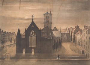 Mondscheinansicht der Ost- und Kreuzkirchen, Dundee, wie sie nach dem Brand vom 3. Januar erschienen, ca. 1841 von Gershom Gourlay Cumming
