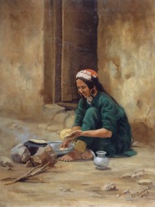 Eine Hügelbewohnerin aus Ladakh, die ihr Essen kocht, 1893