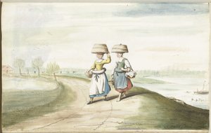 Zwei Bäuerinnen, die in einer Landschaft laufen von Gesina ter Borch (signed by artist)
