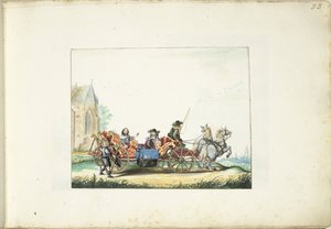 Junge, der bei der Kutsche eines eleganten Paares bettelt von Gesina ter Borch