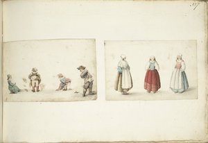 Vier Kinder, die ihr Geschäft verrichten, und drei stehende Frauen von Gesina ter Borch