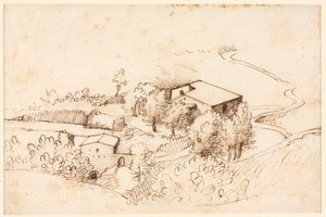 Bauernhof mit Bäumen in einer hügeligen Landschaft, 1567