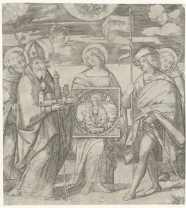 Fünf Schutzheilige von Bologna mit Darstellung von Maria