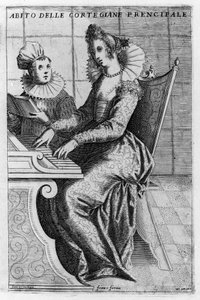 Eine Kurtisane in eleganter Kleidung spielt Klavier. Gravur von Giacomo Franco aus „Venedig, Gebräuche und Sitten“, um 1597 von Giacomo Franco