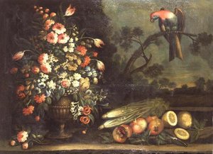 Stillleben, gemischte Blumen, Gemüse und Papagei von Giacomo Nani