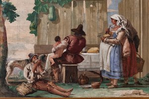 Bauernfamilie am Tisch, aus dem Raum der rustikalen Szenen, in der Foresteria (Gästehaus) 1757 (Fresko) von Giandomenico  Tiepolo