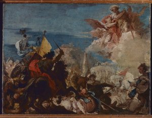 Die Heiligen Faustinus und Jovita erscheinen zur Verteidigung von Brescia, das 1438 von Niccolò Piccinino angegriffen wird