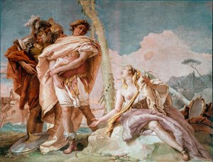 Renaud verlässt Armide. Illustration einer Szene aus Torquato Tassos „Das befreite Jerusalem“ (La gerusalemme liberata). Fresko von Giandomenico Tiepolo (1727-1804) 1757 von Giovanni Domenico Tiepolo