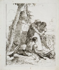 Magier zeigt zwei Jugendlichen einen brennenden Kopf, ca. 1740er von Giovanni Domenico Tiepolo