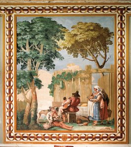 Bauernfamilie am Tisch, aus dem Raum der ländlichen Szenen in der Foresteria (Gästehaus) 1757 von Giovanni Domenico Tiepolo