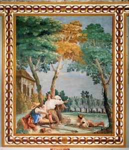 Die Rast der Bauern, aus dem Raum der ländlichen Szenen, in der Foresteria, 1757 von Giovanni Domenico Tiepolo
