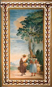 Drei Bauern von hinten gesehen, aus dem Raum der ländlichen Szenen, in der Foresteria, 1757 von Giovanni Domenico Tiepolo
