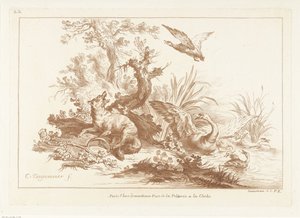 Fuchs mit Pfote in Falle und aufgeschreckter Schwan und Enten am Wasser von Gilles Demarteau