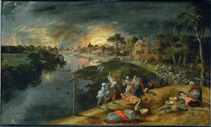 Kriegsszene und Brand von Gillis (workshop of) Mostaert