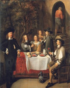 Elegante Gesellschaft an einem Tisch auf einer Terrasse