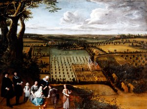 Porträt einer Patrizierfamilie mit Aussicht auf ihr Herrenhaus