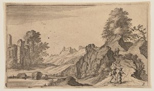 Fußgänger auf einem Pfad bei Felsen, Ruinen jenseits des Wassers links, aus Zwölf Landschaften