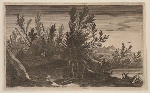 Reiter auf einem bewaldeten Pfad links vom Teich, aus Sechs Landschaften