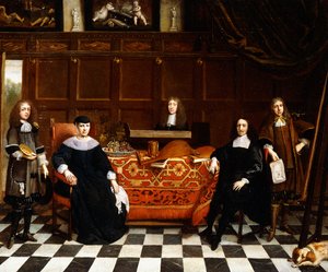 Ein Gruppenporträt einer Familie, die um einen mit einem Teppich bedeckten Tisch sitzt, ca. 1665-70