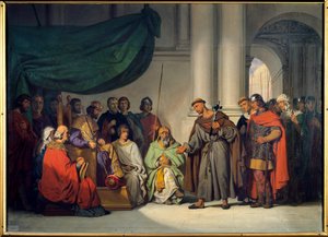 Erster Kreuzzug: Der östliche Kaiser Alexios Komnenos empfängt Peter den Einsiedler, der ihn im August 1096 in Konstantinopel zur Teilnahme am Kreuzzug auffordert