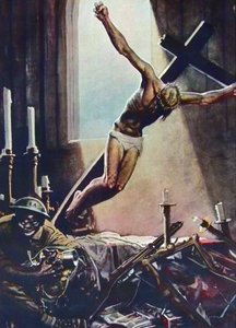 Anti-Amerikanisches WWII-Poster - Schwarzer Amerikaner plündert Kirche - Poster von Gino Boccasile (1901-1952) - Italienische Propaganda Anti-USA 1943 - Poster von Gino Boccasile (1901-1952) von Gino Boccasile