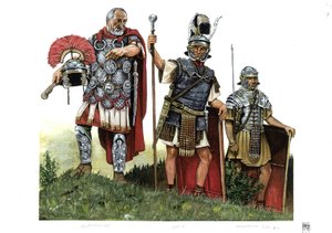 Antikes Rom: ein Zenturio, Optio und ein Legionär. 2. Jahrhundert