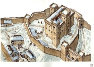 Mittelalterliche Architektur: Rekonstruktion der Burg der Stadt Udine im 14. Jahrhundert. Italien. Illustration von Giorgio Albertini