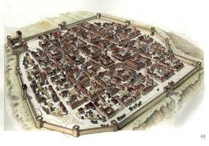 Rekonstruktion der befestigten Stadt Cherasco zur Zeit ihrer Gründung im 13. Jahrhundert, Italien
