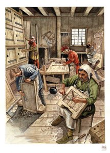 Mittelalter: Darstellung einer Werkstatt von Ebenisten im 15. Jahrhundert, Arbeiter bearbeiten Holz.