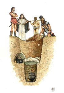 Neolithikum: Schnitt einer Villanovianischen Grabstätte, die Urnen mit der Asche der Verstorbenen sind in Brunnen begraben, 8. Jahrhundert v. Chr. Etrurien, Italien von Giorgio Albertini