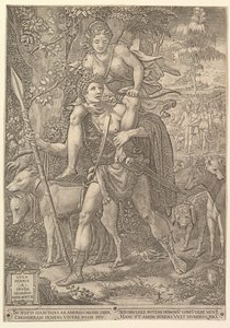 Allegorie der Jagd, ein Jäger mit einem großen Speer trägt eine Frau Diana auf seiner Schulter..., 1556