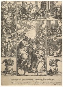 Die Krönung der Jungfrau, umgeben von neun Vignetten mit Szenen aus dem Leben von..., um 1575