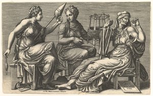 Die drei Schicksalsgöttinnen Clotho, Lachesis und Atropos, 1558-59