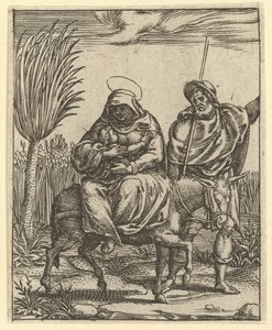 Die Jungfrau der Schmerzen: Die Flucht nach Ägypten, eines von neun umliegenden Fächern, vor 1575 von Giorgio Ghisi