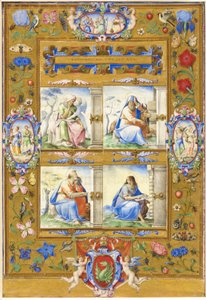 Die vier Evangelisten, innerhalb eines Rahmens aus Blumen, Vögeln und Insekten von Giorgio Giulio Clovio